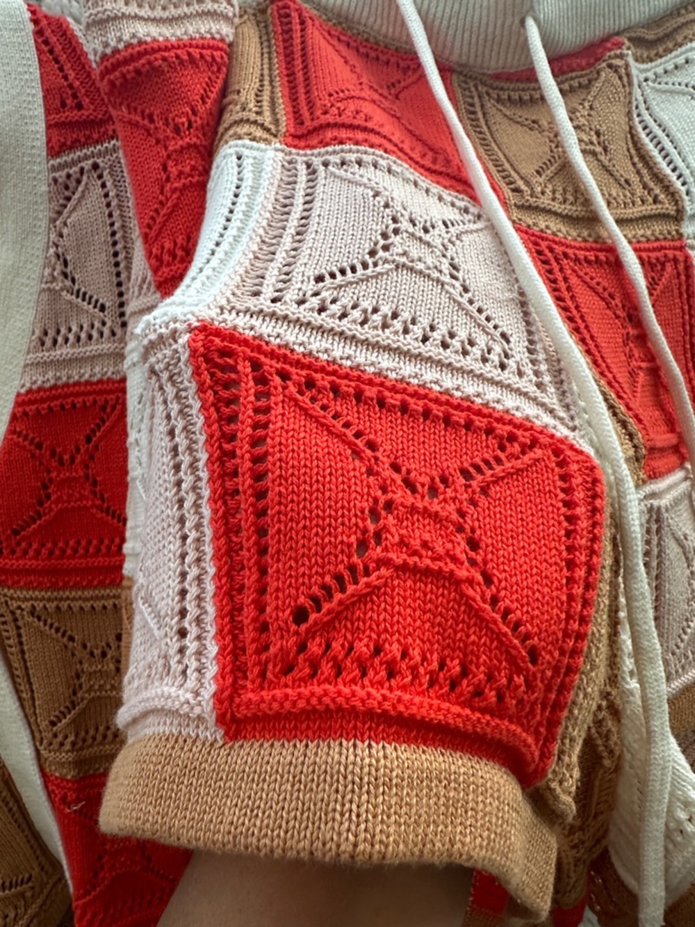 Open-Knit Patchwork Cardigan Sweater - Cream Red Tan - Picture 7 of 9